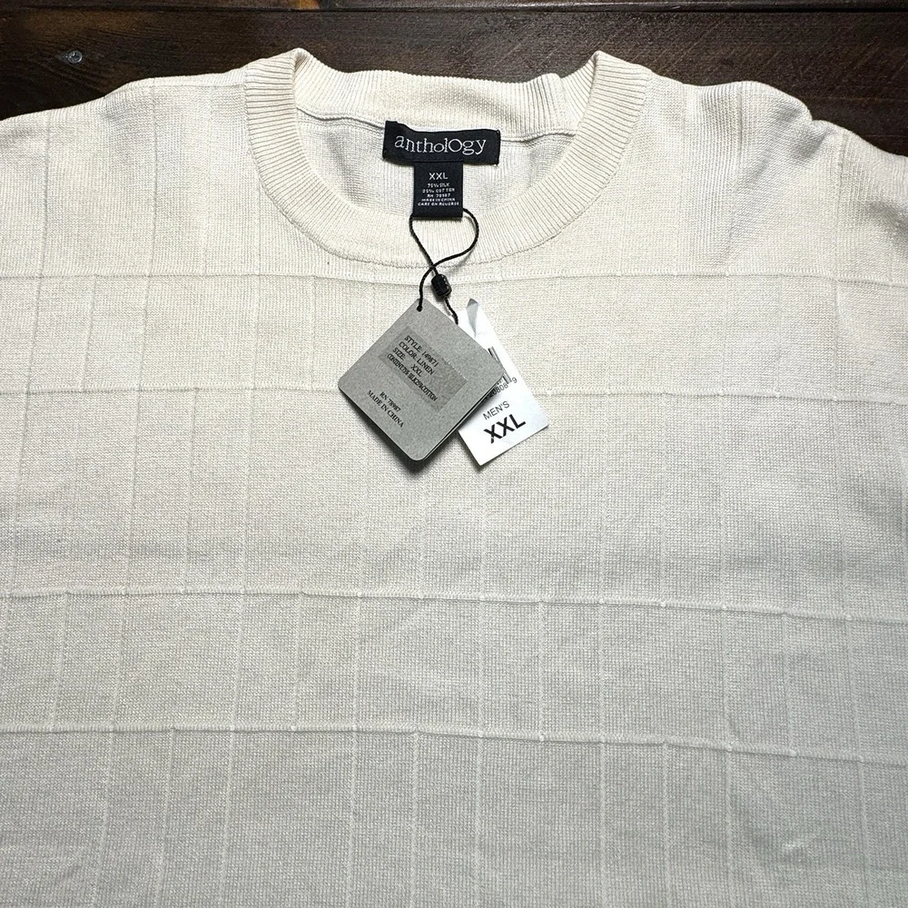 Anthropology Mens 2XL Silk Window Pane Ribbed Knit Short Sleeve Pullover NWT